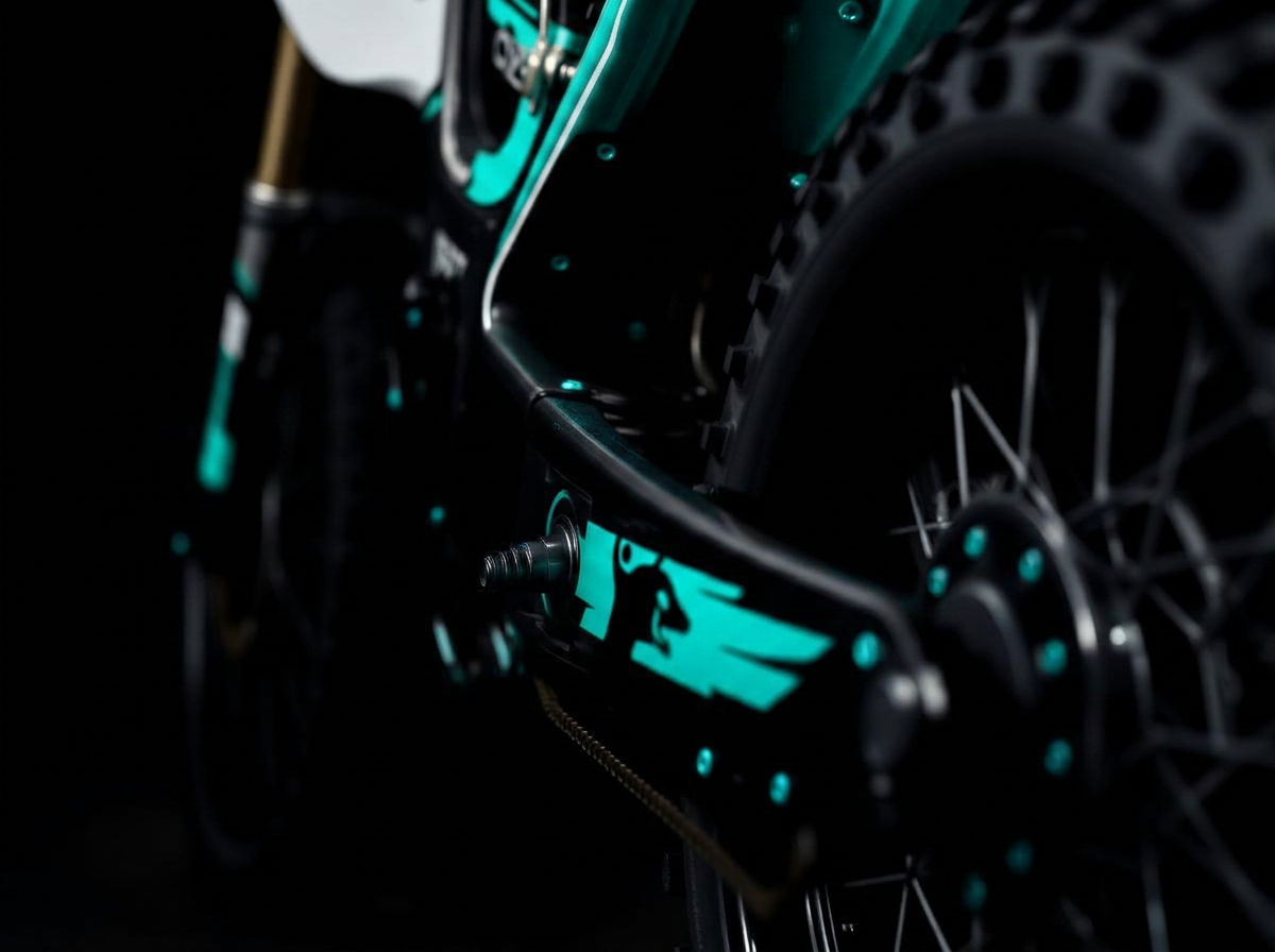 Close-up of a powder coated swingarm with custom graphics